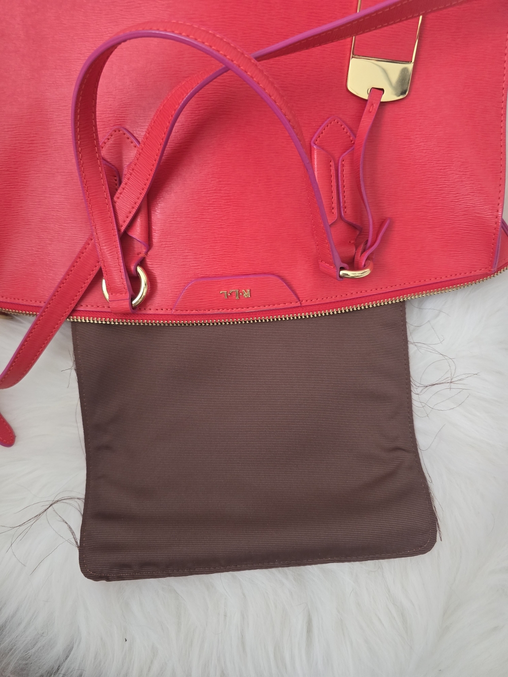 Lauren Ralph Lauren Leather Satchel Crossbody Coral Red Gold Hardware - Picture 9 of 11